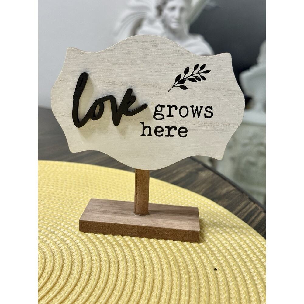 Plaque Love Grows Here Stand Alone Sign Home Decor Rustic Farmhouse Shabby Chic